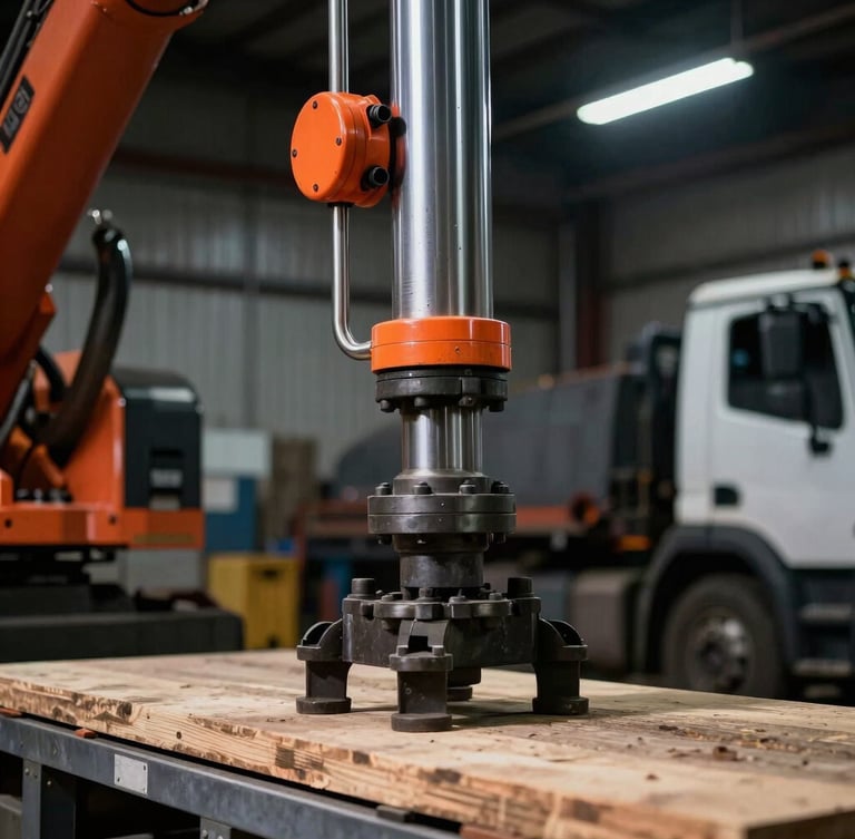 Close-up of a heavy hydraulic manipulator cylinder arm on a timber truck, dramatic industrial workshop lighting with safety orange accents, high contrast, 35mm
