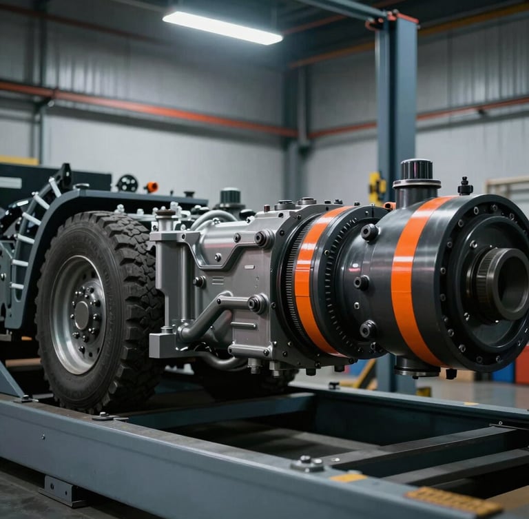 Dramatic industrial photography, detailed close-up of a heavy-duty truck chassis on a hydraulic lift in a clean modern workshop, cool ambient light with orange work light highlights, 35mm.