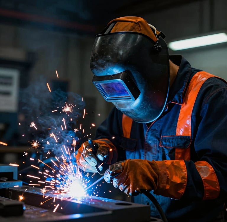 Portrait of a professional welder in a dark industrial workshop, welding sparks flying, safety orange glow, cool blue ambient light, high contrast, 35mm