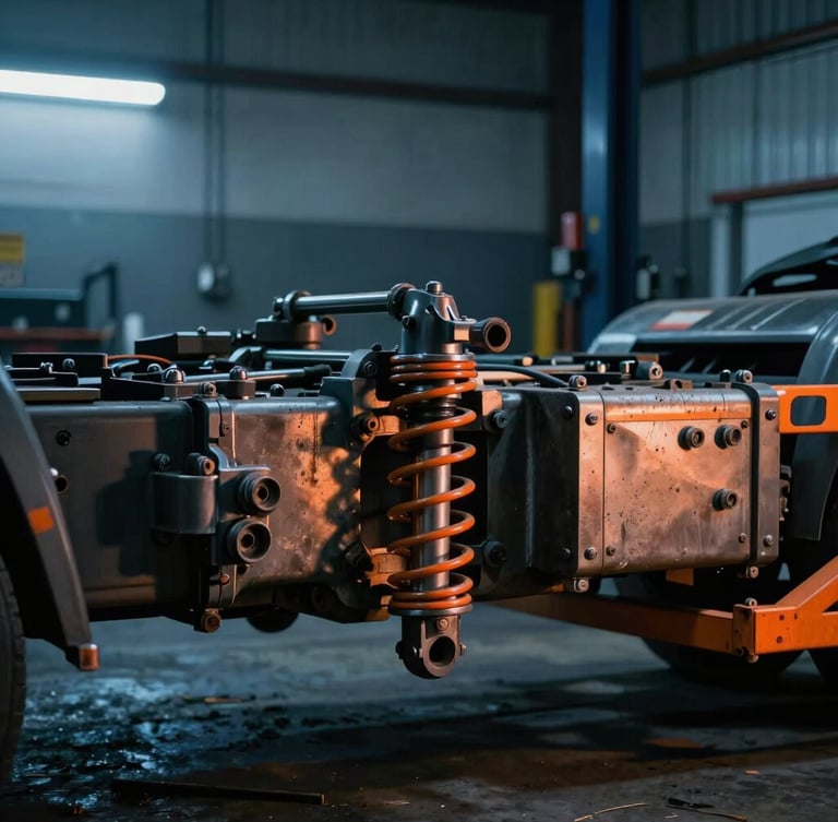 Dramatic close-up of a heavy truck chassis on a hydraulic lift in a dimly lit workshop, warm orange directional work light highlighting the steel suspension, cool blue ambient background, high contrast, 35mm