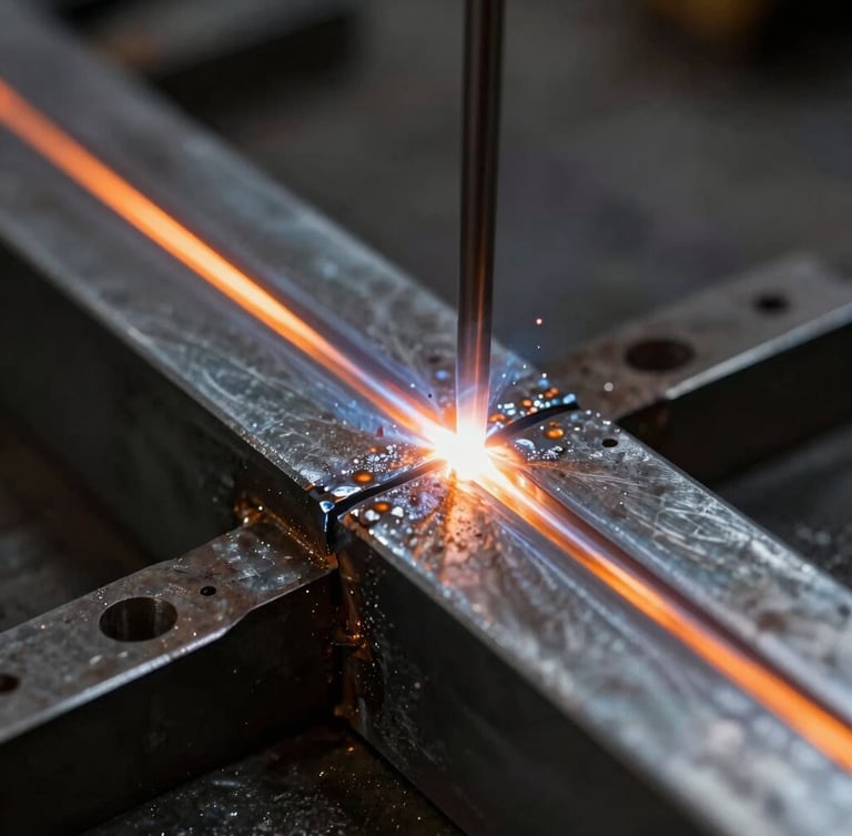 Close-up macro of a perfect TIG weld seam on heavy steel, glowing warm metal cooling down, dark industrial background, high contrast, sharp details