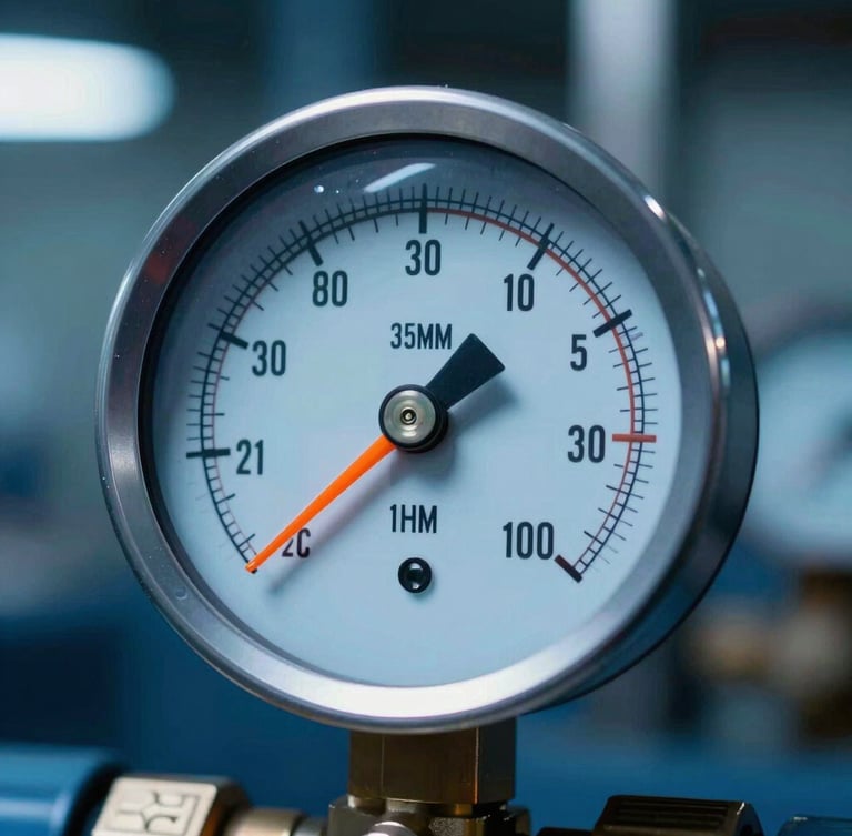 Macro close-up of a hydraulic pressure gauge showing high readings, glowing orange needle, cool blue industrial background, sharp focus, 35mm