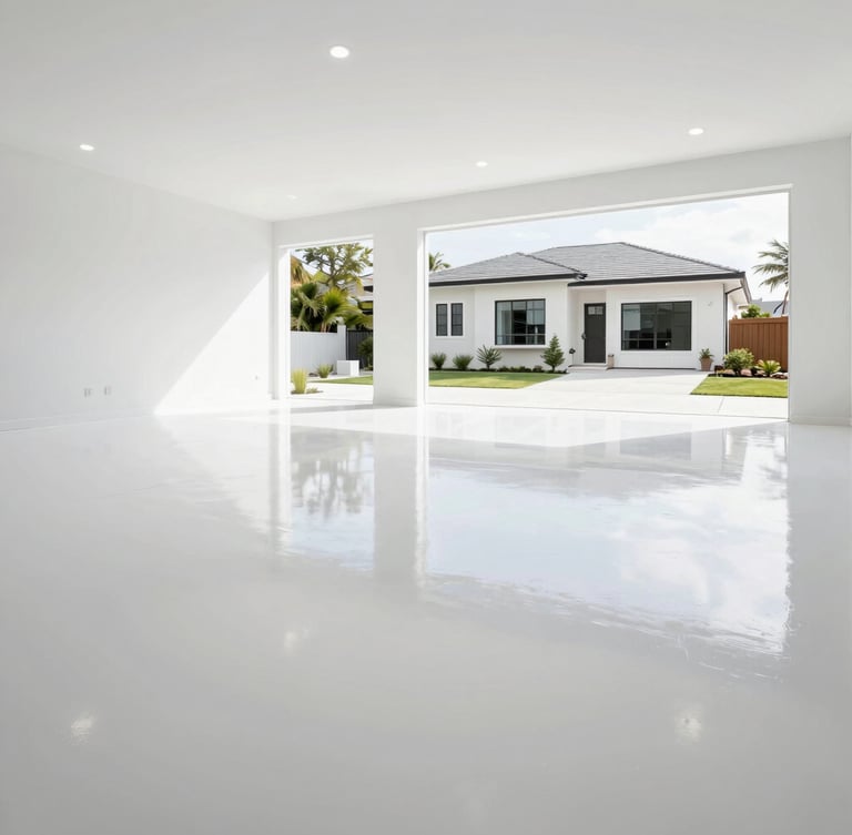 Wide-angle shot of a pristine, high-gloss epoxy garage floor reflecting overhead lights, with a glimpse of a modern Venice home in the background, bright high-key daylight.