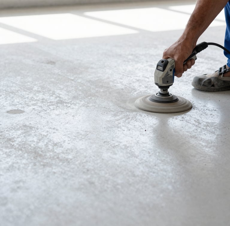 Close-up of a flooring technician diamond-grinding a concrete slab, dust extraction visible, bright workshop lighting, focused on the process, industrial setting, no faces.