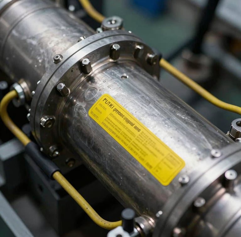 Macro detail of high-contrast gas turbine instrumentation, cool steel housing, safety yellow wiring labels, sharp focus, 35mm