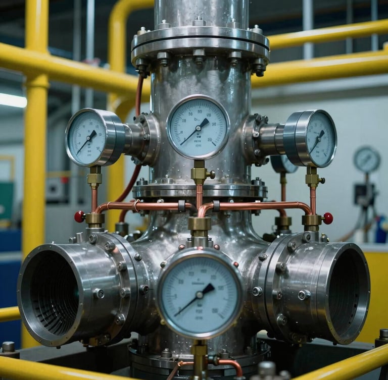Close-up of complex gas turbine instrumentation, copper wiring manifolds, and analog pressure gauges under dramatic ambient plant lighting, cool steel and safety yellow tones, sharp focus, 35mm.
