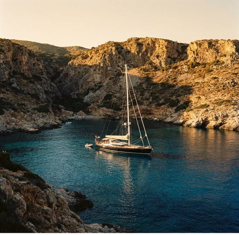 Wide environmental shot of a luxury sailing yacht anchored in a deep blue European cove, sun-drenched golden hour light, high-contrast shadows, cinematic 35mm lens.