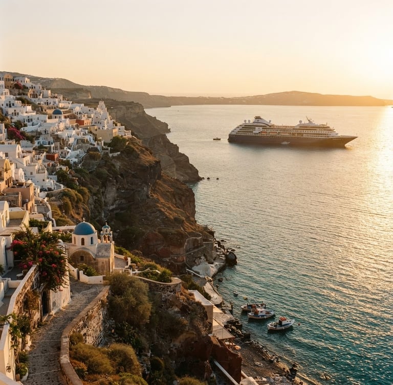 Sun-drenched European coastline with a premium cruise ship anchored in the distance, warm golden-hour light, cinematic 35mm lens