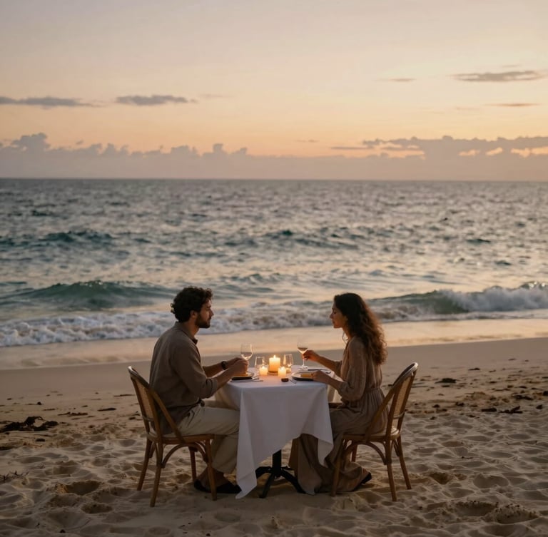 A private candlelit dinner set for two on a secluded white sand beach at sunset, soft warm lighting, gentle ocean waves