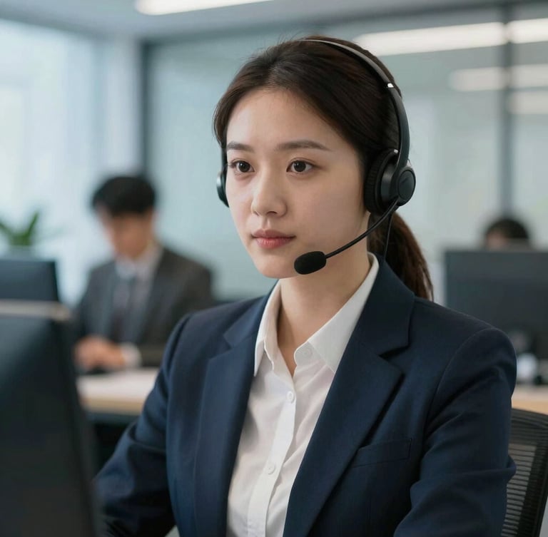 Direct-gaze professional portrait of a customer support agent in a modern, brightly lit office environment, cool blue lighting accents, focused expression.