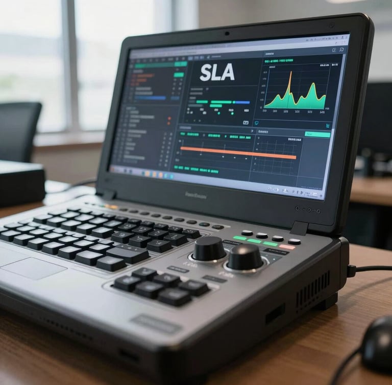 Macro shot of a high-end communication console with real-time SLA dashboard visible on a clean screen, bright daylight office setting