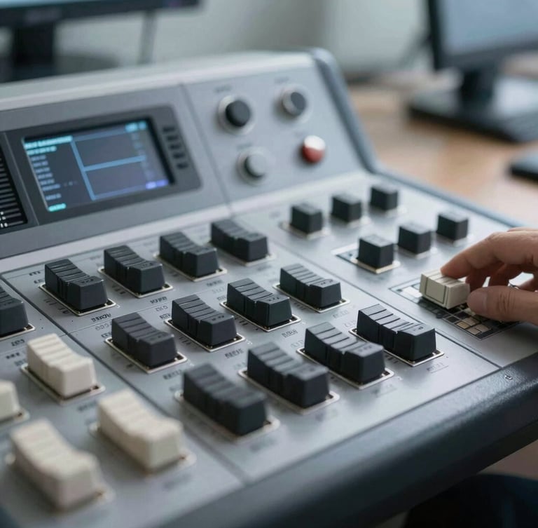 Macro shot of a high-end communication hardware console, clean office LED lighting, sharp technical details, cool daylight.