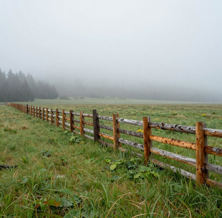 Wide environmental shot of green pastures under a misty Washington morning sky, a weathered cedar fence running along the side, soft overcast light.