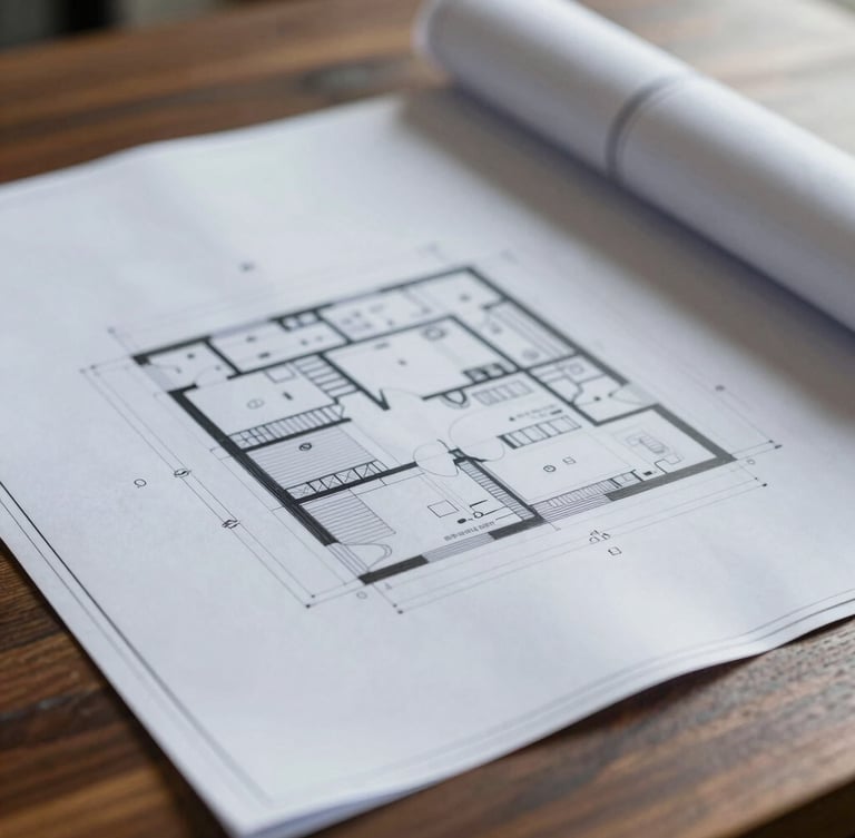 Close-up detail of architectural blueprints on a dark wooden desk, soft natural daylight, sharp focus, muted corporate tones.