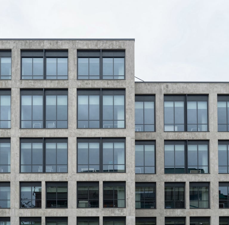 Wide architectural shot of a modern concrete and glass building facade, overcast daylight, muted corporate blues, sharp focus.