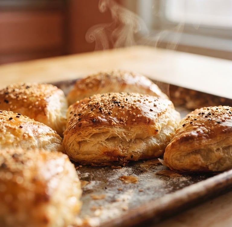Macro close-up of golden-brown shecas fresh from the oven, steam rising, warm morning window light, shallow depth of field, 35mm