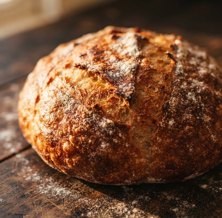 Macro close-up of a golden-brown sheca fresh from the oven, flour dusting on a dark wooden prep table, warm low-angle morning sunlight, shallow depth of field