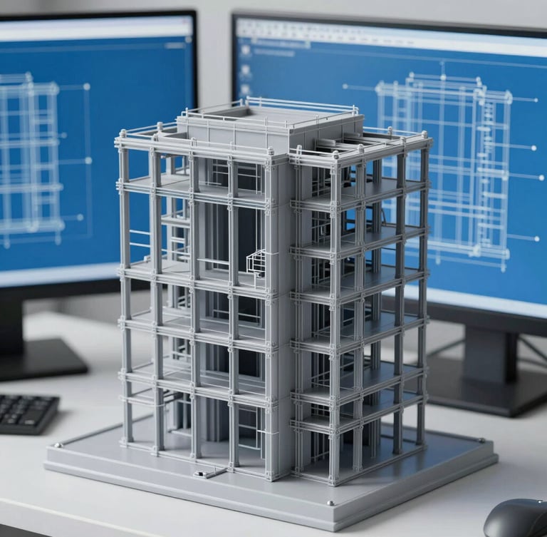 Crisp technical CAD wireframe of a complex structural building assembly on a dual-monitor setup, cool gray and blueprint-blue tones, sharp macro focus, bright clean daylight