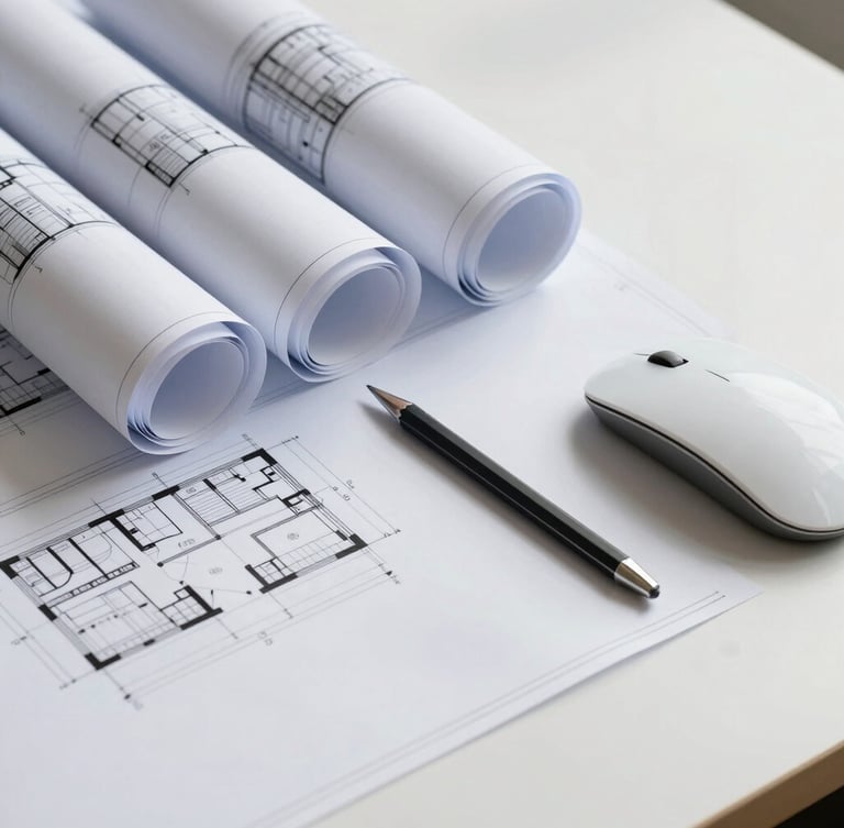 A sharp overhead view of a clean drafting desk, architectural blueprints rolled out, a high-end mouse, precise mechanical pencil, cool daylight casting sharp shadows.