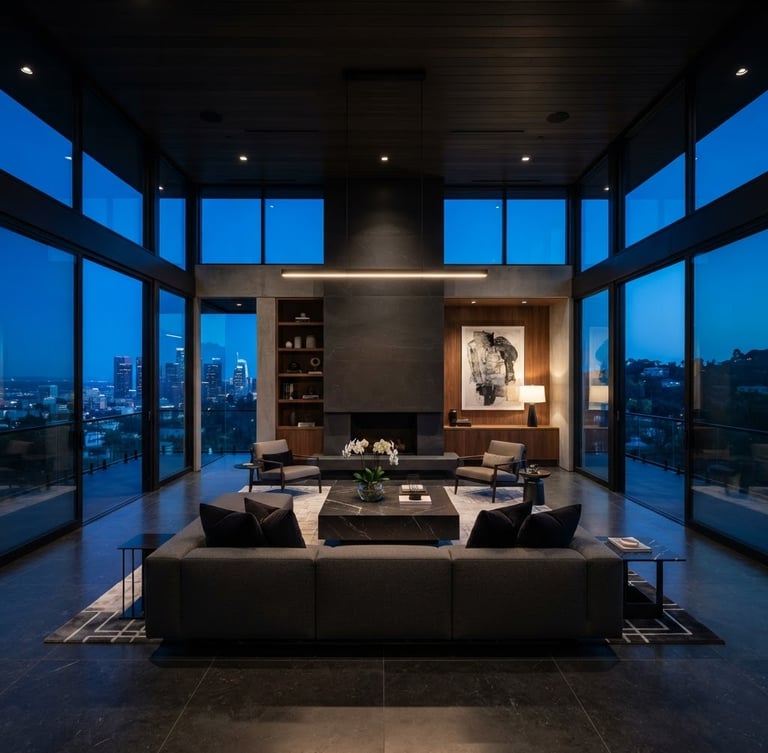 Symmetrical wide-angle architectural photograph of a luxury modern living room with high-contrast twilight lighting pouring through floor-to-ceiling windows.