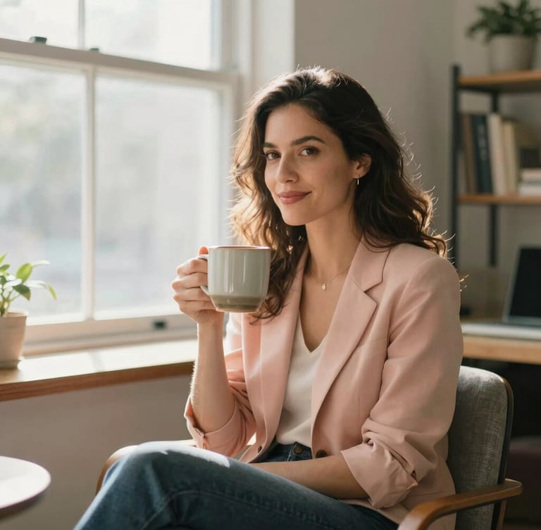 A relaxed professional portrait of a female founder sitting in a sunlit Atlanta workspace, holding a ceramic mug, warm morning window light, shallow depth of field, 35mm.