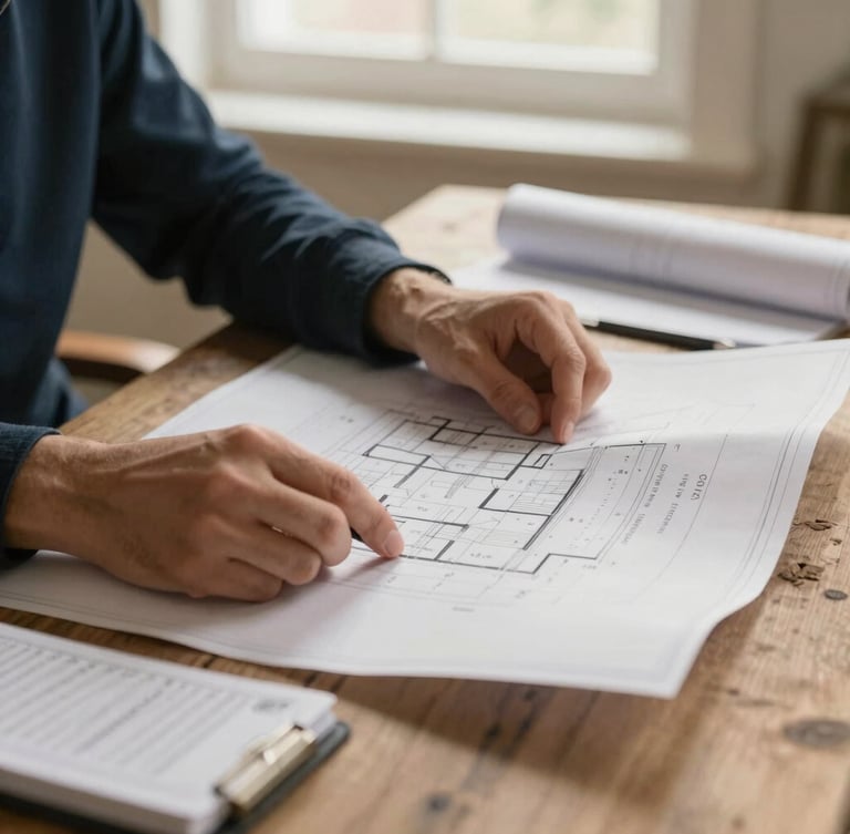 Close-up of hands reviewing architectural blueprints and operational ledgers on a rustic desk, soft natural morning light, warm sand tones, 35mm.