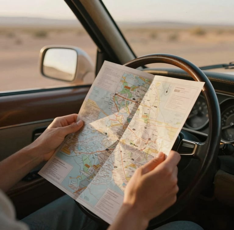 Close-up of hands holding a physical paper map over a vintage car steering wheel, warm golden-hour high-desert light filtering through the windshield, soft low-contrast 35mm film look