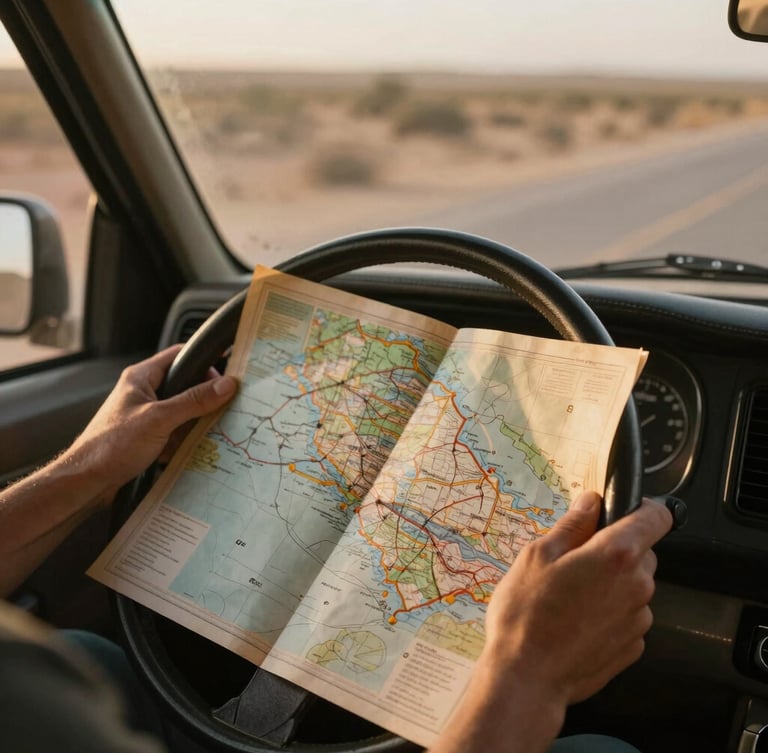 Close-up of hands holding a vintage physical map over a steering wheel, warm golden-hour sunlight streaming through the windshield, dusty road visible ahead.