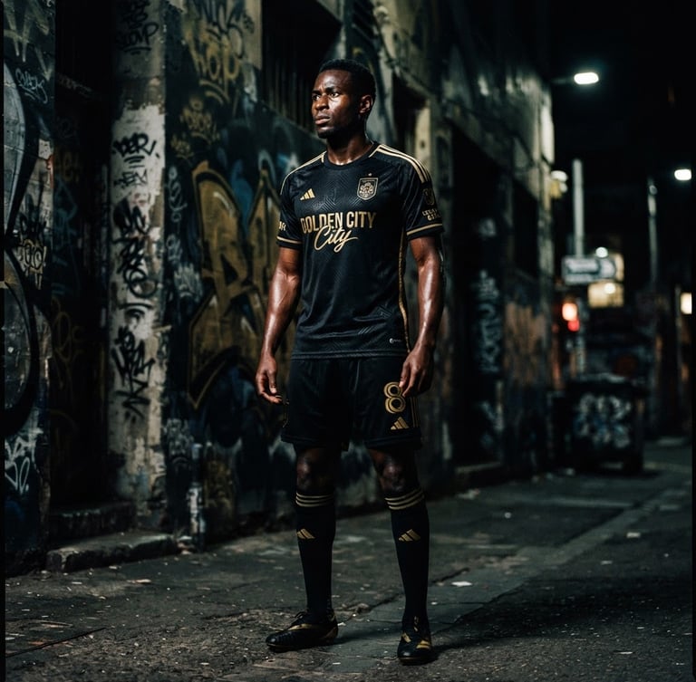Um modelo com uma camisola de futebol oficial de alta qualidade, em ambiente urbano com grafittis, iluminação dramática de alto contraste, tons de preto e dourado, 35mm