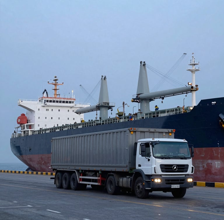 A commercial fleet supply truck parked alongside a massive dry bulk carrier at Chancay port, early morning cool harbor light, industrial crane in background, sharp focus