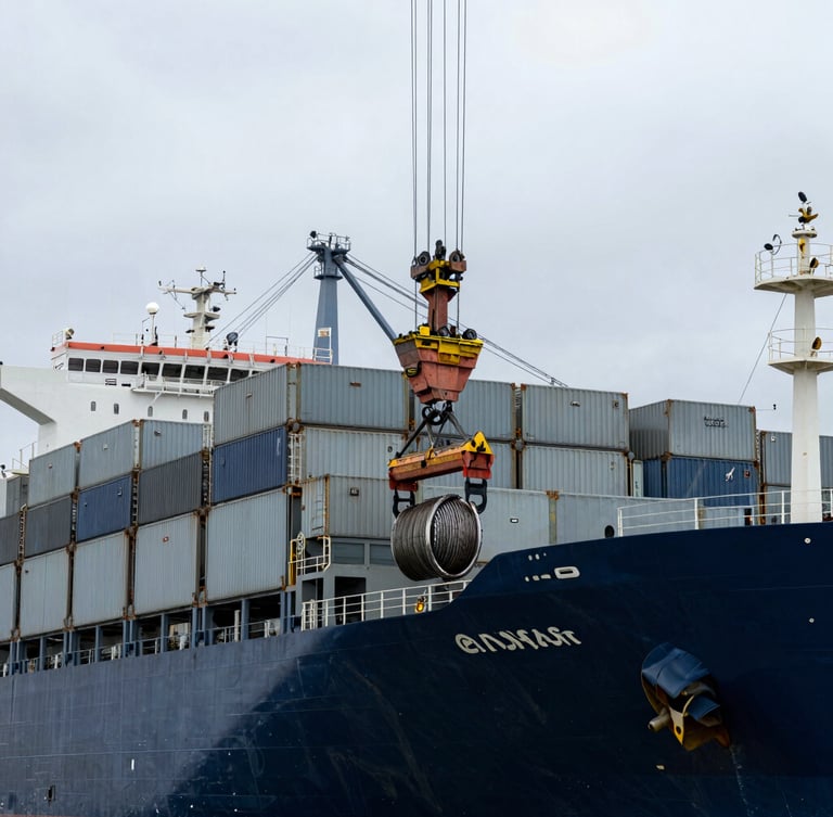 Overcast day at Callao port, a crane lifting heavy steel wire ropes and technical deck stores onto a large container ship, cool metallic tones, industrial maritime photography