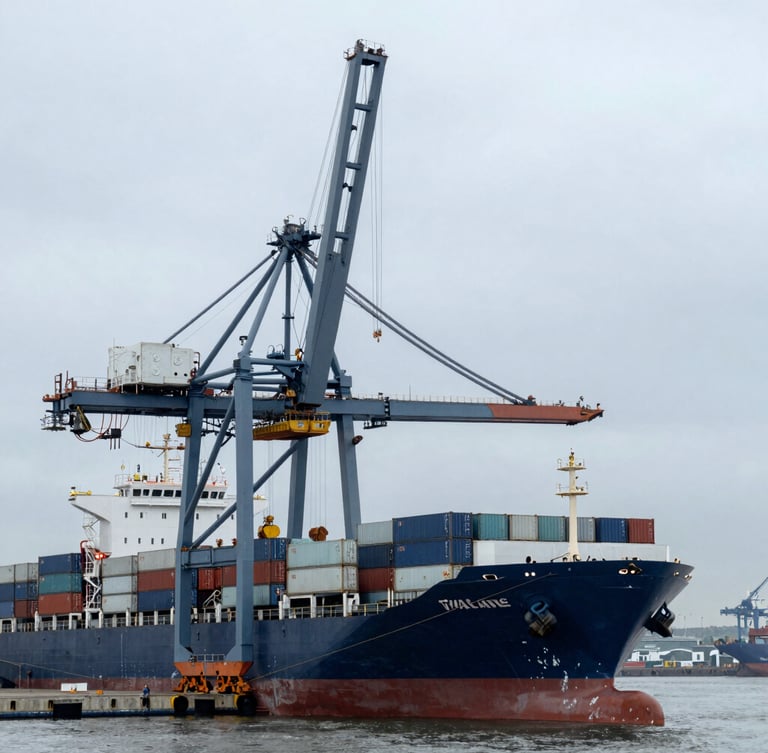 Industrial container ship docked at Callao port, heavy crane operations, overcast morning light, steel gray and navy tones, sharp focus, 35mm lens.
