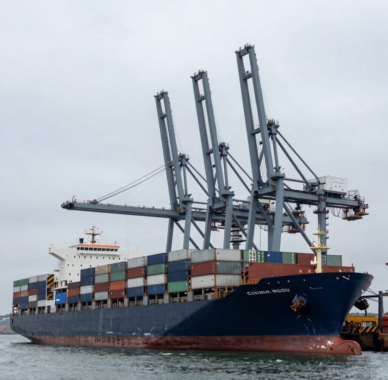Wide angle shot of a massive container ship docked at Callao port, heavy industrial cranes, overcast sky, cool steel gray tones, sharp focus.
