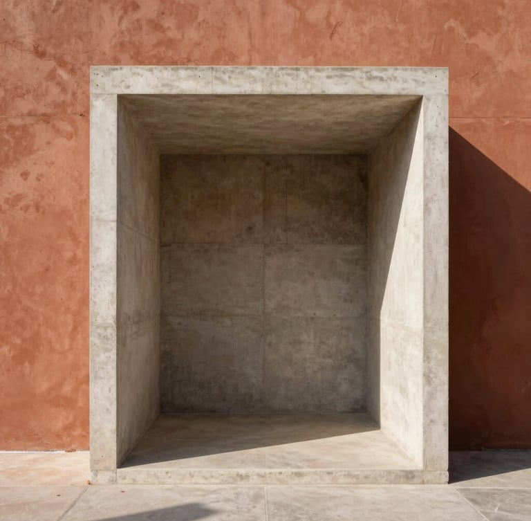 Warm architectural photography of a concrete minimalist pavilion with sharp shadows, bright sunlight hitting a terracotta wall, 35mm