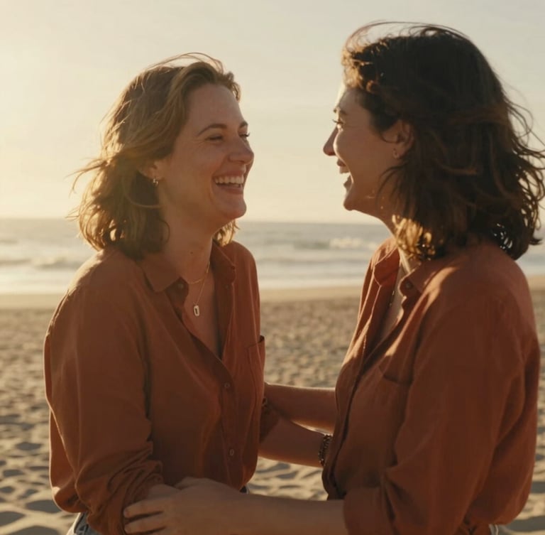Candid mid-shot of a couple laughing together on a sun-drenched beach, natural motion blur, warm golden hour light, rich terracotta tones