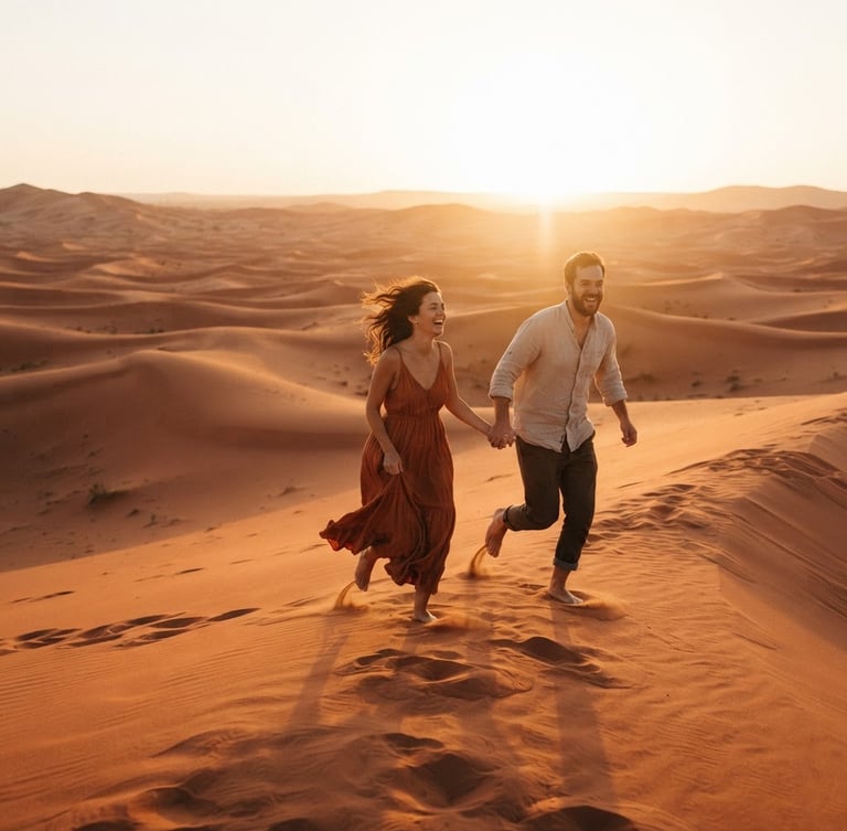Cinematic wide shot of a couple running through sand dunes at golden hour, warm backlit sun flare, terracotta tones, candid 35mm film style