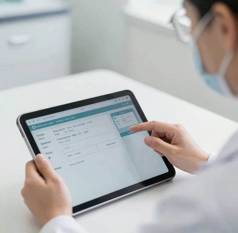 Close-up of Vietnamese clinician learning to use a digital dashboard on a tablet, guided by an expert, bright neutral daylight, professional clinical tones, shallow depth of field.