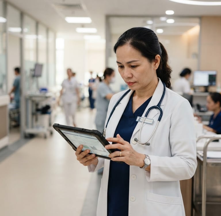 Vietnamese clinician in a modern hospital setting, interacting with a tablet displaying medical data, bright neutral daylight, professional clinical tones, shallow depth of field, sharp 50mm lens
