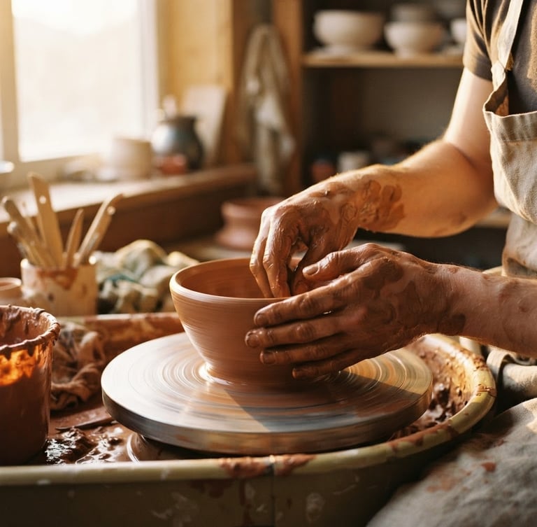 Hands covered in wet terracotta clay shaping a bowl on a pottery wheel, warm golden-hour window light, soft side-shadows, shallow depth of field, 35mm film texture