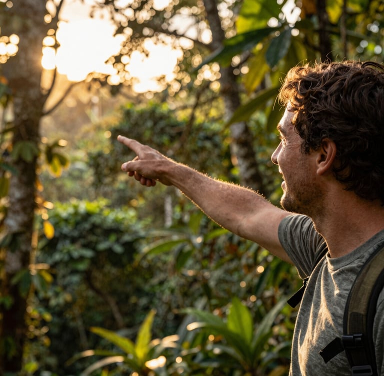 Close-up of a smiling Costa Rican guide pointing towards a rainforest canopy, warm golden-hour sunlight, natural depth of field, warm editorial travel photography, 35mm