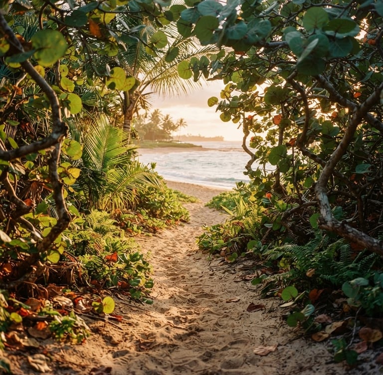 Warm editorial travel photography, golden-hour jungle light, a hidden sandy path lined with wild sea grapes leading to a quiet beach, 35mm, shallow depth of field
