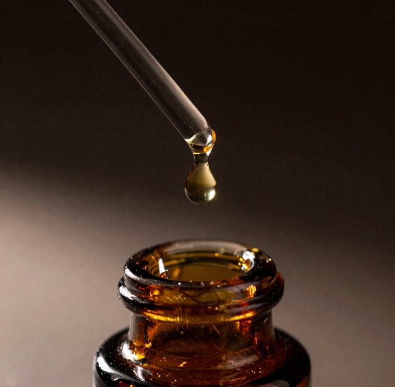Macro photograph of a thick amber attar droplet suspending from a glass rod over a dark crystal bottle, low-key chiaroscuro lighting, deep shadows, gold highlights.