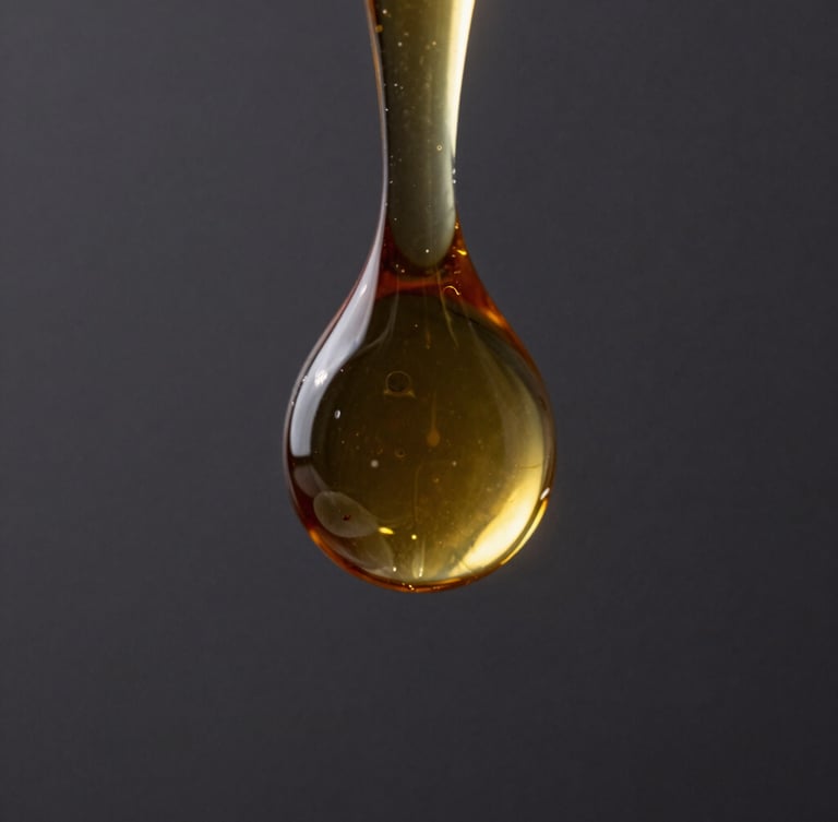 Extreme close-up of a thick amber oil droplet suspending on a glass rod, dark moody background with sharp specular highlights
