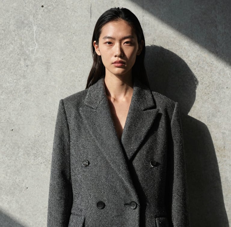A stark high-contrast portrait of a model in a structured wool coat, casting a sharp geometric shadow on a raw concrete wall, natural overcast light.