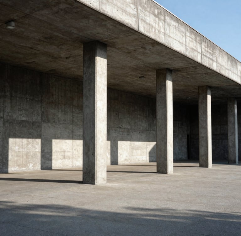 Extreme wide environmental shot of a brutalist concrete pavilion in Warsaw, sharp geometric shadows cast by high-contrast afternoon sun, raw unvarnished light, medium format photography.