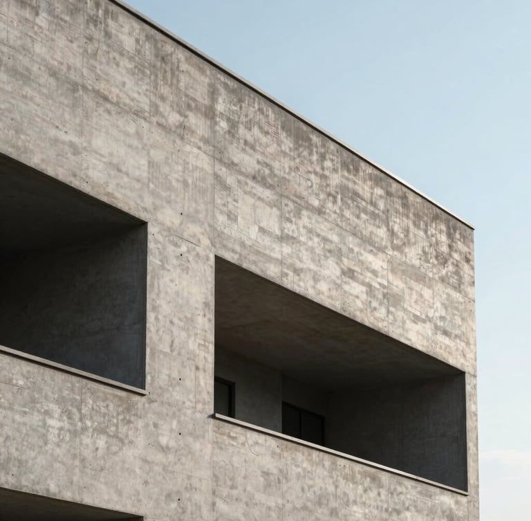 Minimalist architectural photograph of a brutalist concrete building facade, sharp geometric shadows cast by direct afternoon sun, high contrast, clean sky background
