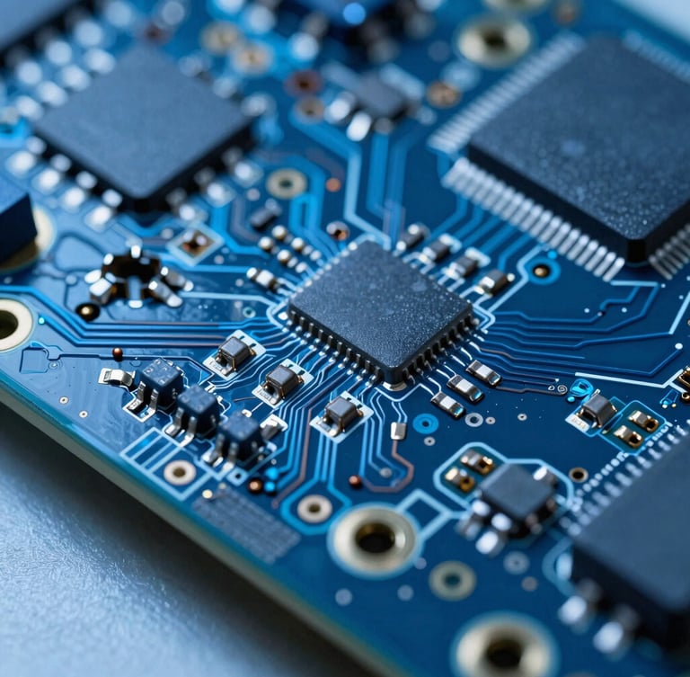 Extreme macro shot of a complex multi-layer PCB, cool laboratory lighting, sharp focus on copper traces and micro-vias, deep slate and electric blue tones, 50mm