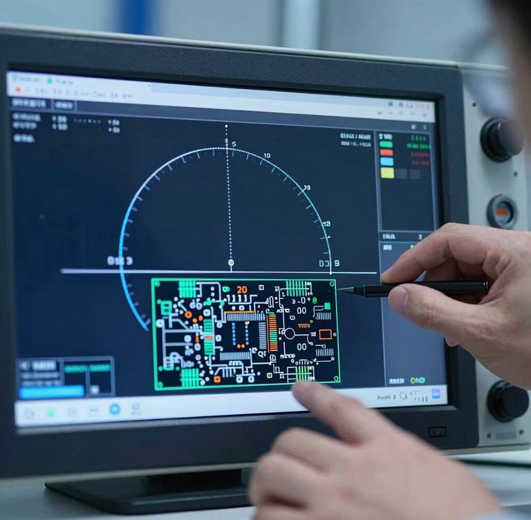 Close-up of an engineer analyzing a vector network analyzer screen showing Smith charts, cool laboratory lighting, precise and clean technical environment