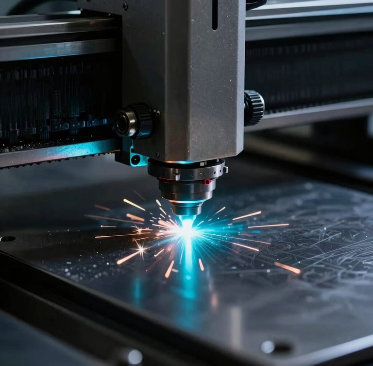 Close-up of a laser cutter head emitting bright cyan sparks onto a steel plate, dramatic dark workshop lighting, high contrast, technical aesthetic