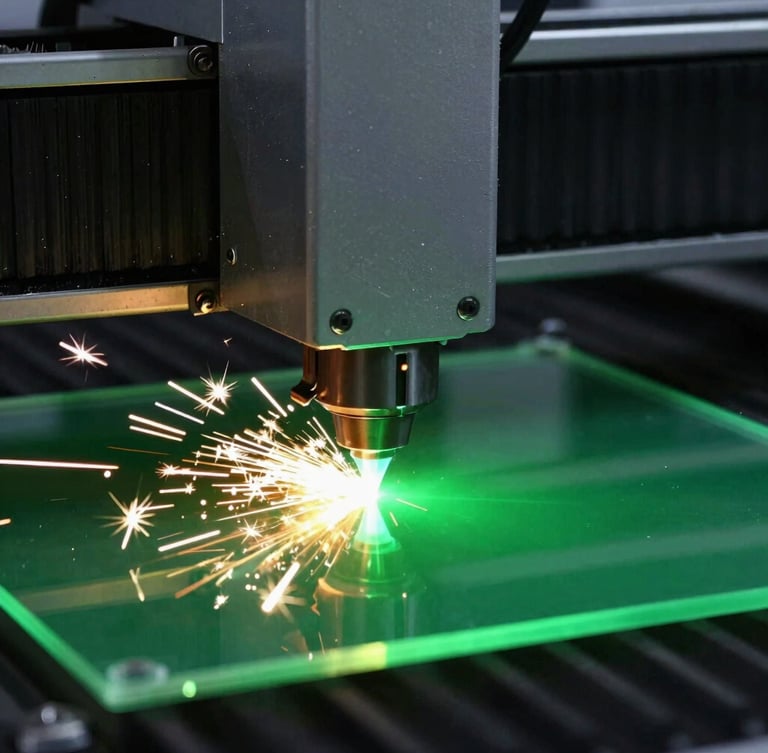 Macro shot of a CNC laser cutter head in action, intense green laser light cutting acrylic, bright sparks flying, dark workshop background, highly technical